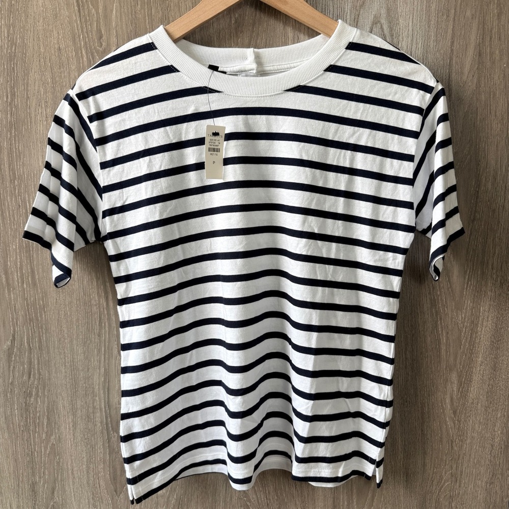 Talbots Striped T-Shirt Women Petite P White Navy Blue Nautical Pima Cotton Tee